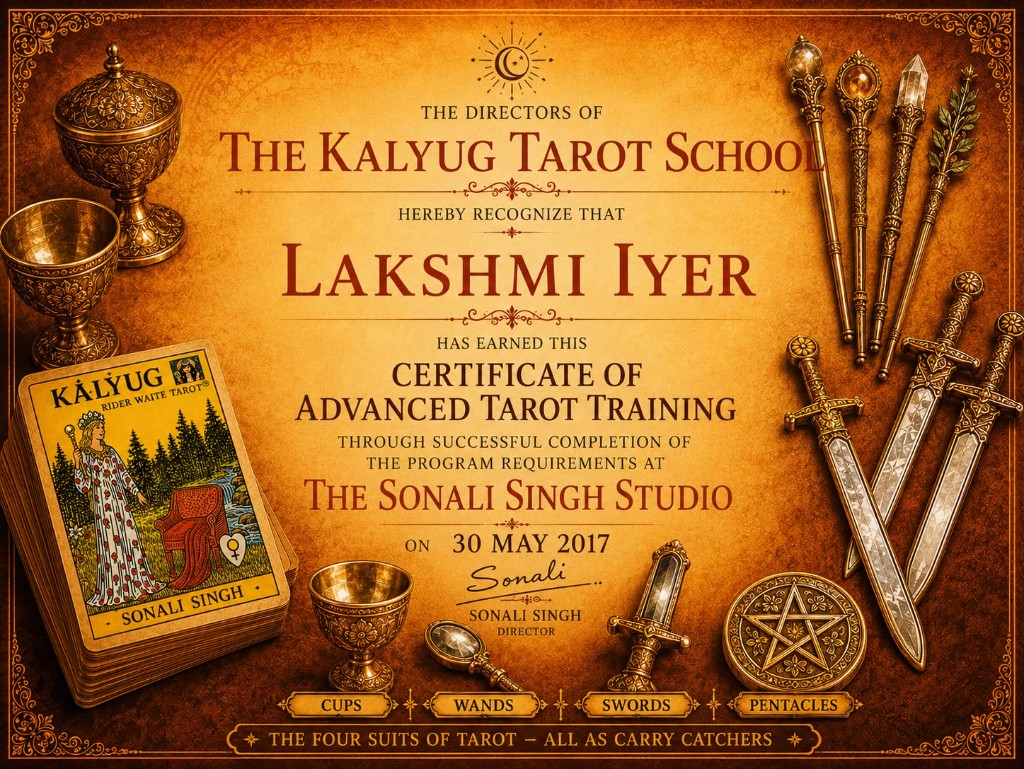 Sample Certificate of Advanced Tarot Training from The Kalyug Tarot School